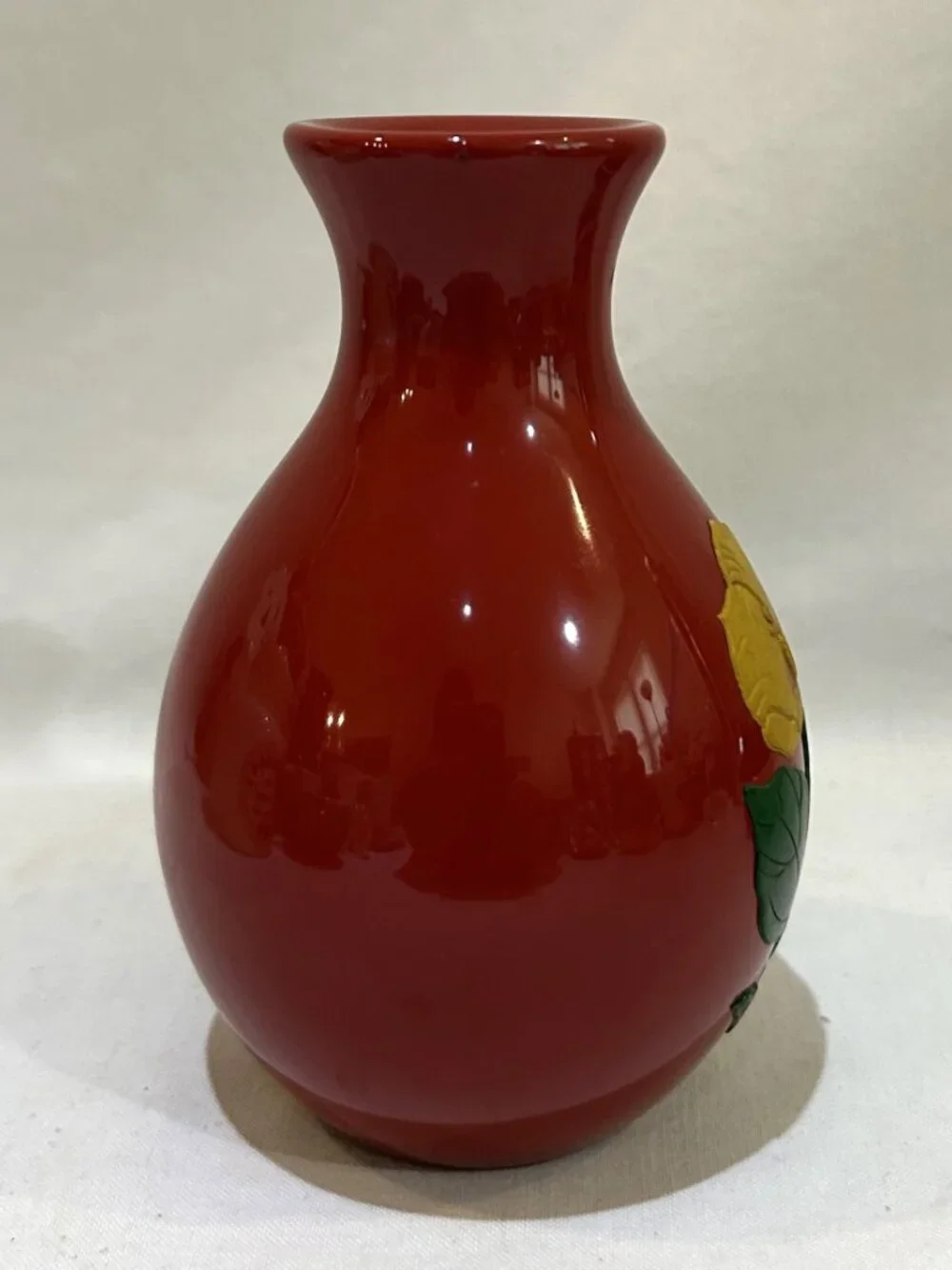 Japanese Red Lacquered Bud Vase Floral Pattern with Plastic Insert